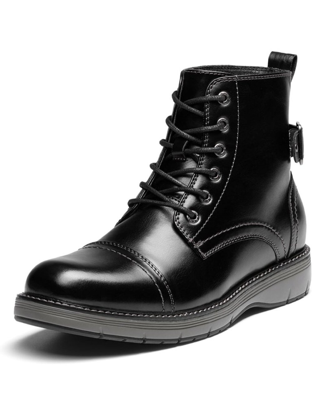 Men's All Black Faux Leather Motorcycle Combat Dress Boots Metal Buckle Strap